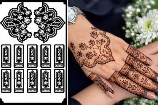 16 Floral Cuff & Finger Henna Stencil Set(double hand)
